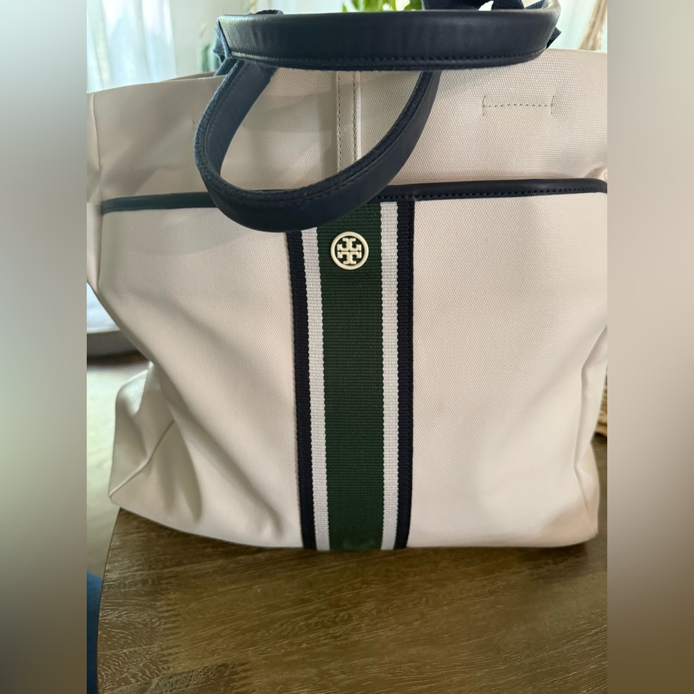 Tory Burch Cream Tote with Green and Navy Stripes